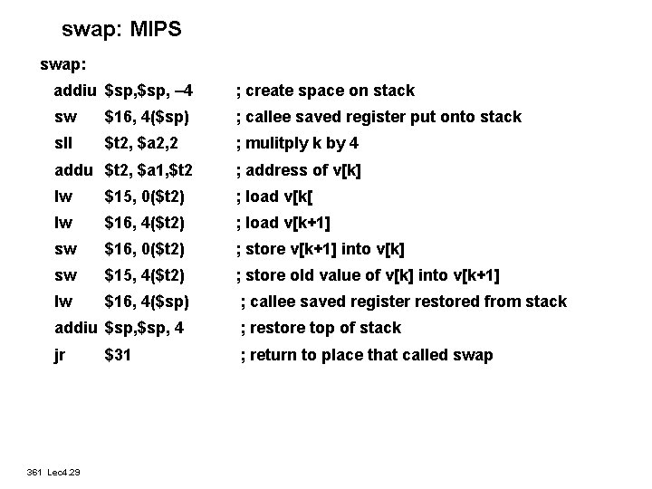 swap: MIPS swap: addiu $sp, – 4 ; create space on stack sw $16,