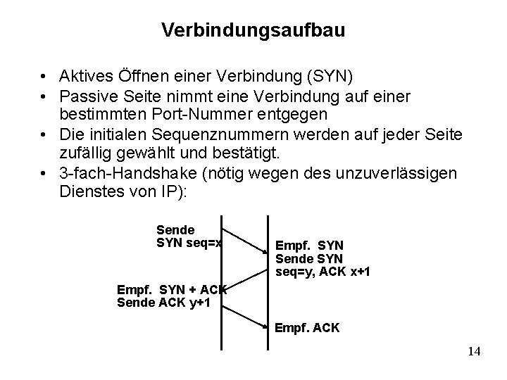 Verbindungsaufbau • Aktives Öffnen einer Verbindung (SYN) • Passive Seite nimmt eine Verbindung auf