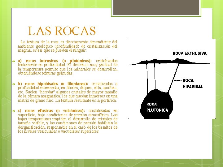 LAS ROCAS La textura de la roca es directamente dependiente del ambiente geológico (profundidad)