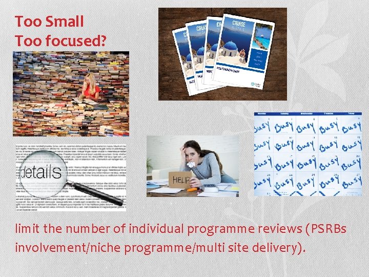 Too Small Too focused? limit the number of individual programme reviews (PSRBs involvement/niche programme/multi