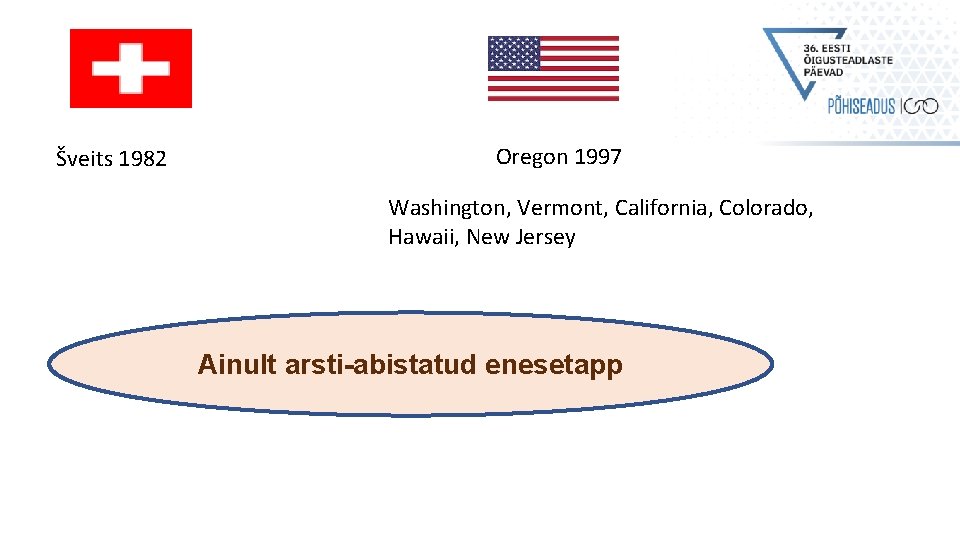 Šveits 1982 Oregon 1997 Washington, Vermont, California, Colorado, Hawaii, New Jersey Ainult arsti-abistatud enesetapp