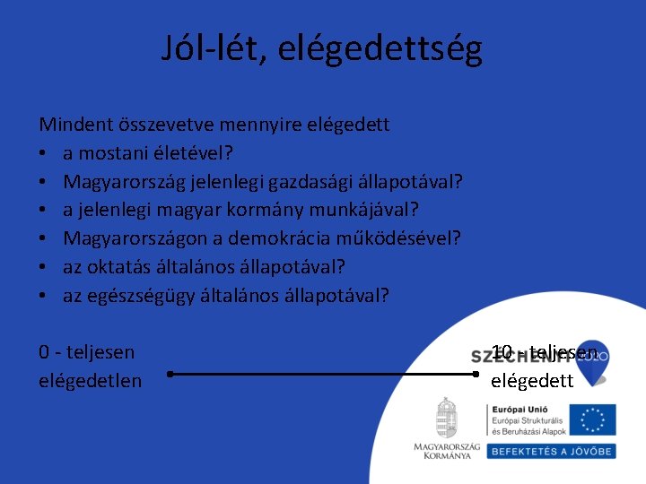 Jól-lét, elégedettség Mindent összevetve mennyire elégedett • a mostani életével? • Magyarország jelenlegi gazdasági Jól-lét, elégedettség Mindent összevetve mennyire elégedett • a mostani életével? • Magyarország jelenlegi gazdasági