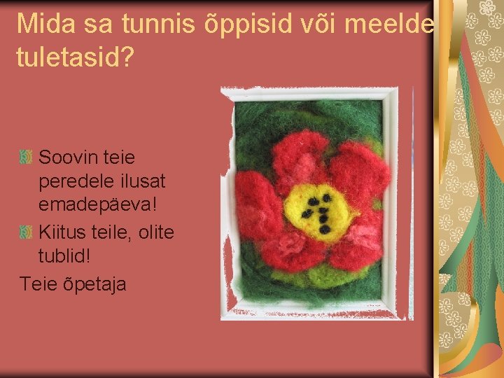 Mida sa tunnis õppisid või meelde tuletasid? Soovin teie peredele ilusat emadepäeva! Kiitus teile,