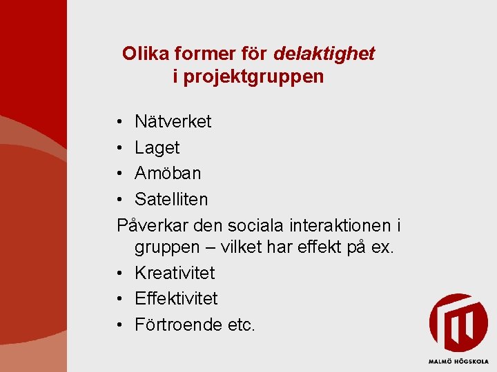 Olika former för delaktighet i projektgruppen • Nätverket • Laget • Amöban • Satelliten Olika former för delaktighet i projektgruppen • Nätverket • Laget • Amöban • Satelliten