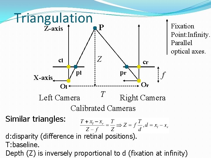 Triangulation Z-axis Z cl pl X-axis Ol Fixation Point: Infinity. Parallel optical axes. P