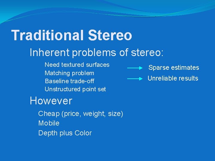 Traditional Stereo Inherent problems of stereo: Need textured surfaces Matching problem Baseline trade-off Unstructured