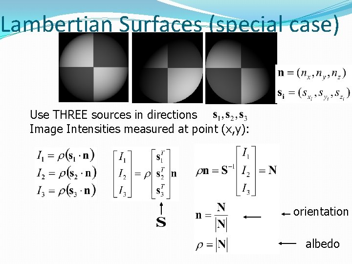 Lambertian Surfaces (special case) Use THREE sources in directions Image Intensities measured at point