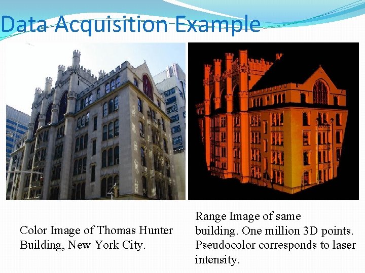 Data Acquisition Example Color Image of Thomas Hunter Building, New York City. Range Image