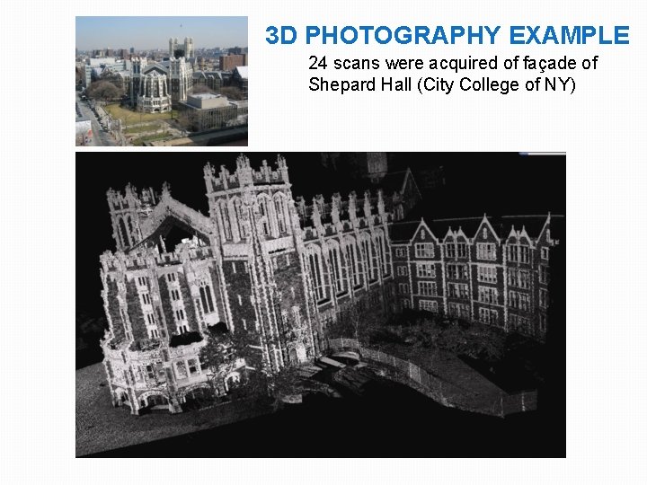 3 D PHOTOGRAPHY EXAMPLE 24 scans were acquired of façade of Shepard Hall (City