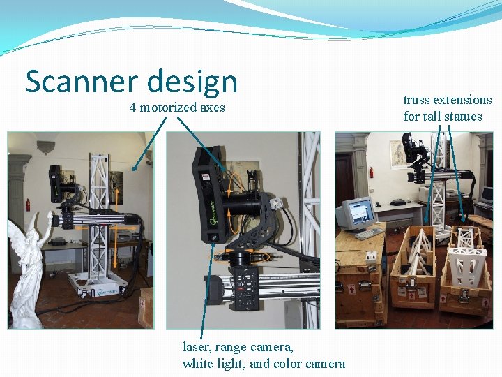 Scanner design 4 motorized axes laser, range camera, white light, and color camera truss