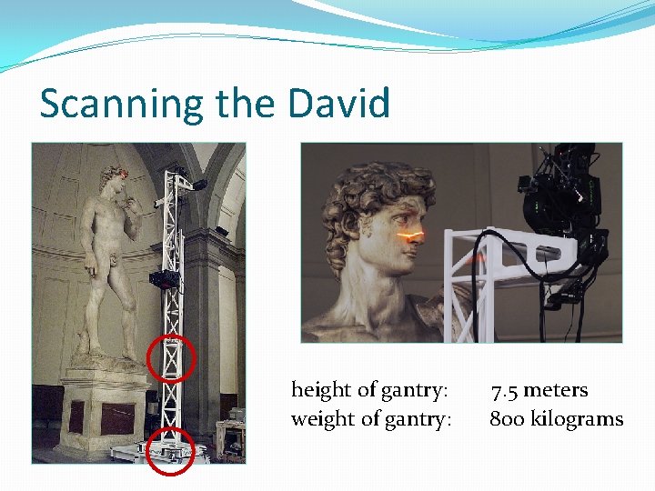 Scanning the David height of gantry: weight of gantry: 7. 5 meters 800 kilograms