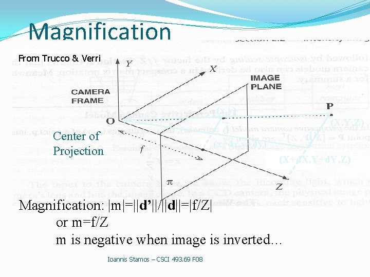 Magnification From Trucco & Verri (x, y) (X, Y, Z) d Center of Projection