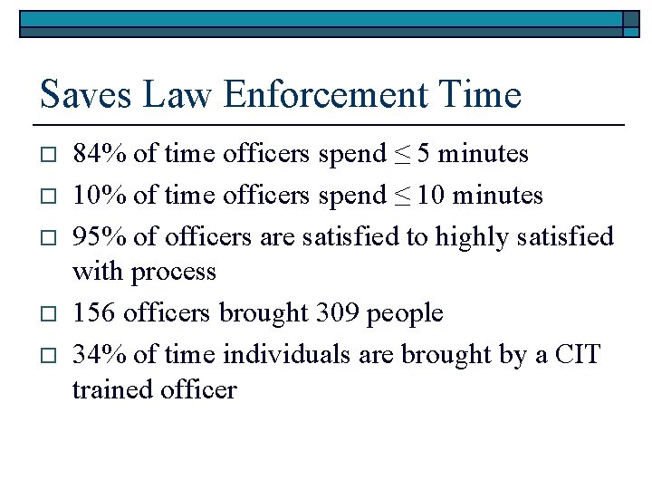 Saves Law Enforcement Time o o o 84% of time officers spend ≤ 5