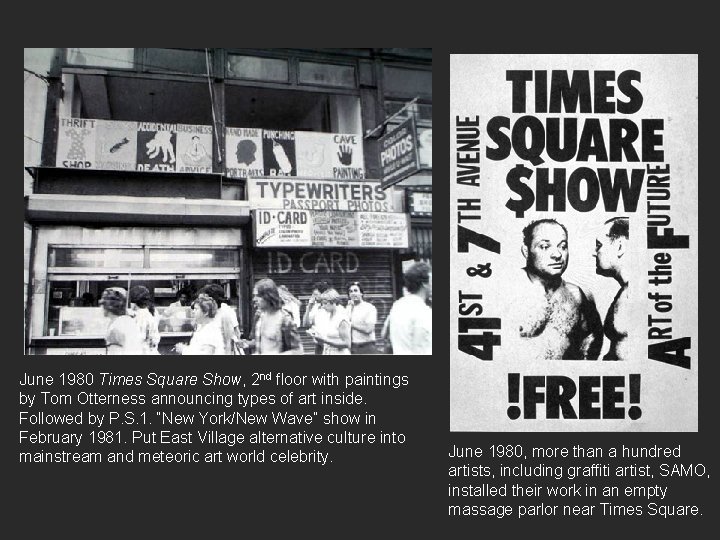 June 1980 Times Square Show, 2 nd floor with paintings by Tom Otterness announcing