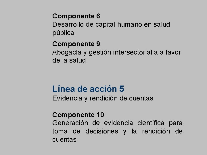 Componente 6 Desarrollo de capital humano en salud pública Componente 9 Abogacía y gestión