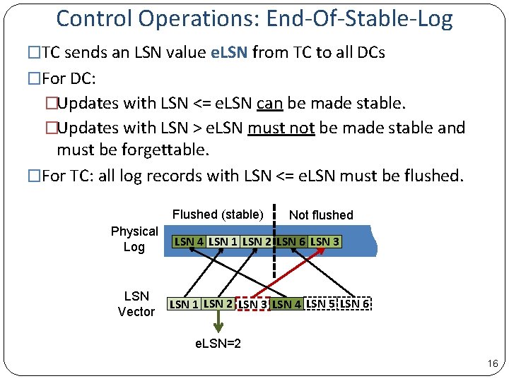 Control Operations: End-Of-Stable-Log �TC sends an LSN value e. LSN from TC to all