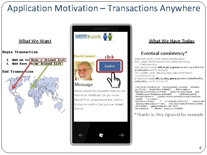 Application Motivation – Transactions Anywhere What We Have Today What We Want Begin Transaction