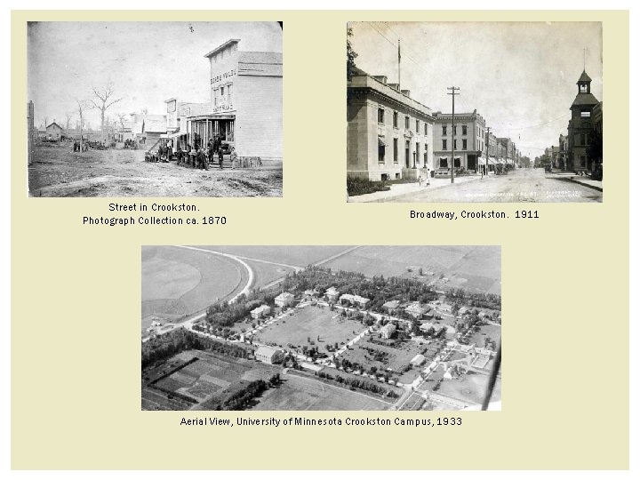 Street in Crookston. Photograph Collection ca. 1870 Broadway, Crookston. 1911 Aerial View, University of Street in Crookston. Photograph Collection ca. 1870 Broadway, Crookston. 1911 Aerial View, University of