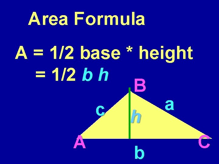 Area Formula A = 1/2 base * height = 1/2 b h B a