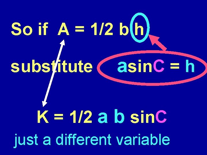 So if A = 1/2 b h substitute asin. C = h K =