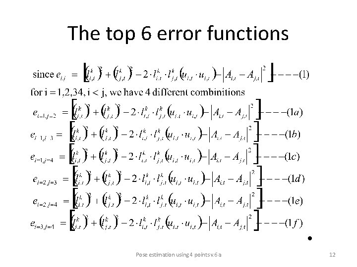 The top 6 error functions • Pose estimation using 4 points v. 6 a