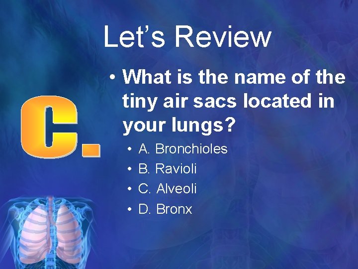 Let’s Review • What is the name of the tiny air sacs located in