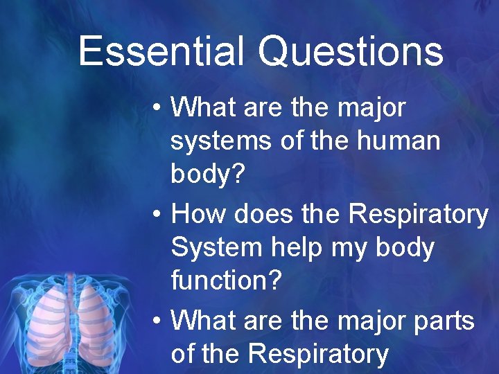 Essential Questions • What are the major systems of the human body? • How