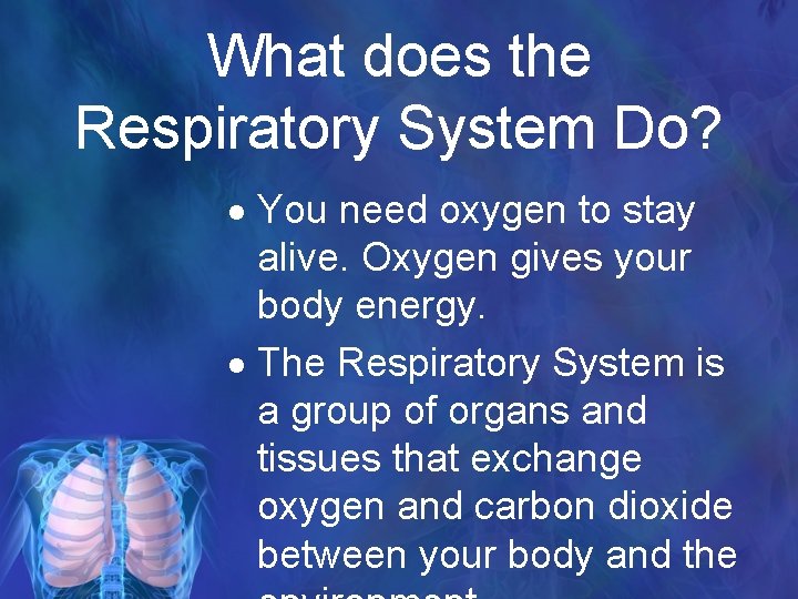 What does the Respiratory System Do? You need oxygen to stay alive. Oxygen gives