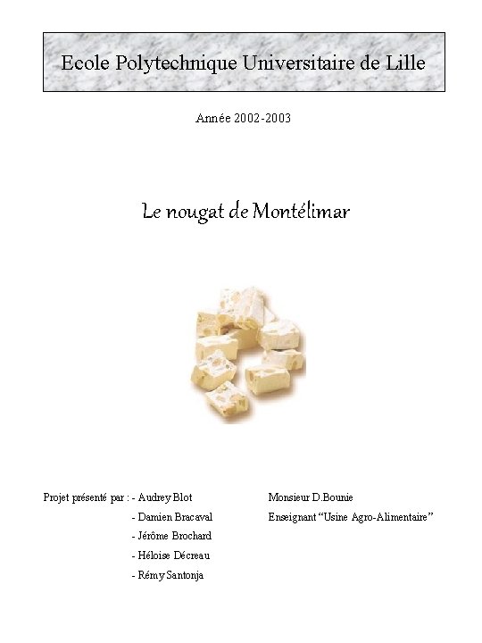 Ecole Polytechnique Universitaire de Lille Année 2002 -2003 Le nougat de Montélimar Projet présenté