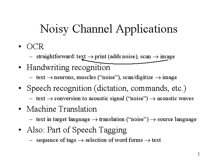 Noisy Channel Applications • OCR – straightforward: text ® print (adds noise), scan ®
