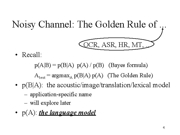 Noisy Channel: The Golden Rule of. . . OCR, ASR, HR, MT, . .