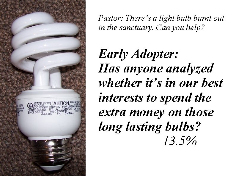 Pastor: There’s a light bulb burnt out in the sanctuary. Can you help? Early Pastor: There’s a light bulb burnt out in the sanctuary. Can you help? Early
