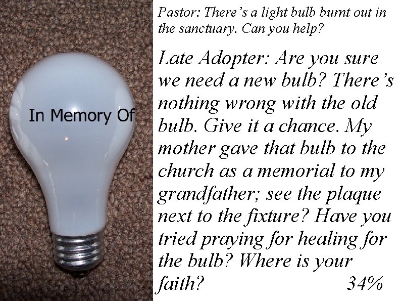 Pastor: There’s a light bulb burnt out in the sanctuary. Can you help? Late Pastor: There’s a light bulb burnt out in the sanctuary. Can you help? Late