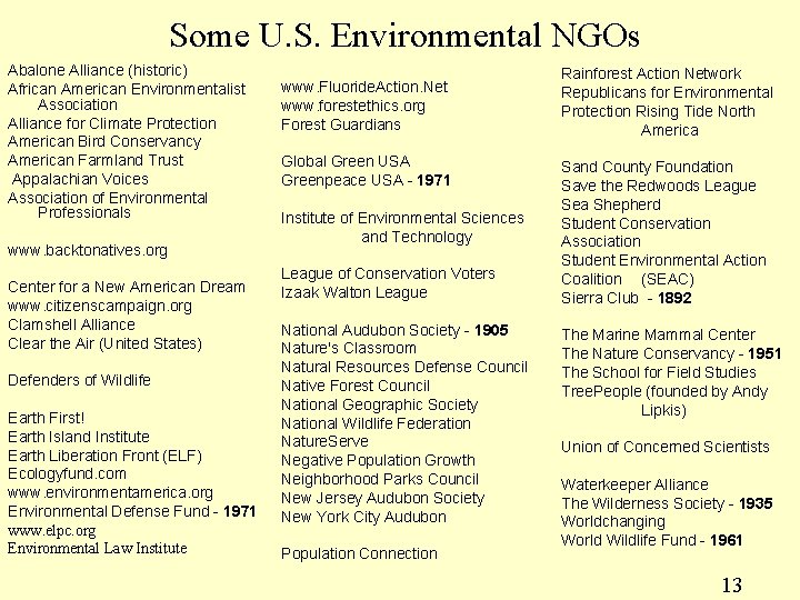 Some U. S. Environmental NGOs Abalone Alliance (historic) African American Environmentalist Association Alliance for