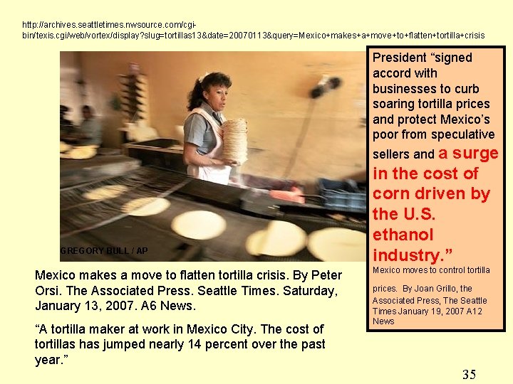 http: //archives. seattletimes. nwsource. com/cgibin/texis. cgi/web/vortex/display? slug=tortillas 13&date=20070113&query=Mexico+makes+a+move+to+flatten+tortilla+crisis President “signed accord with businesses to