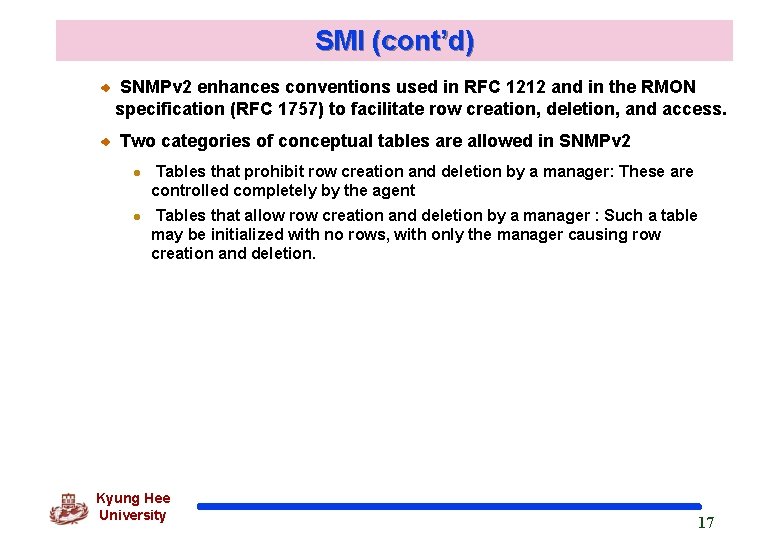 SMI (cont’d) SNMPv 2 enhances conventions used in RFC 1212 and in the RMON SMI (cont’d) SNMPv 2 enhances conventions used in RFC 1212 and in the RMON