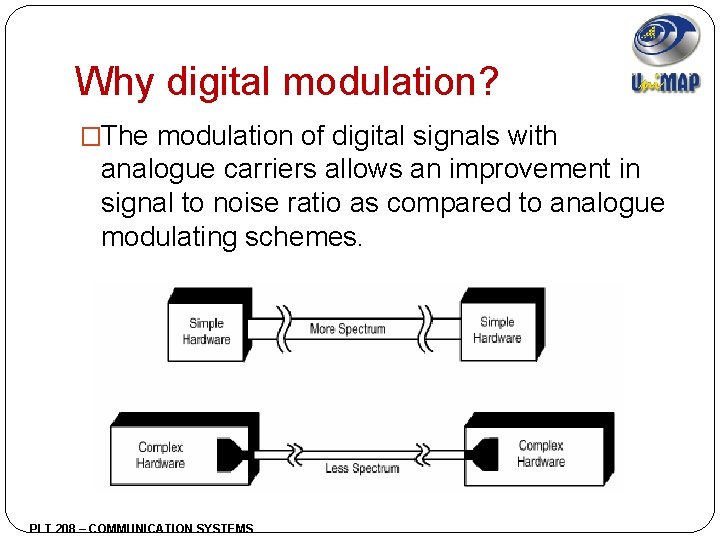 Why digital modulation? �The modulation of digital signals with analogue carriers allows an improvement