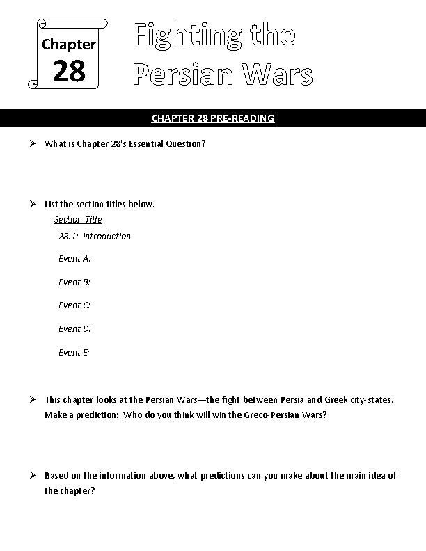 Chapter 28 Fighting the Persian Wars CHAPTER 28 PRE-READING Ø What is Chapter 28's