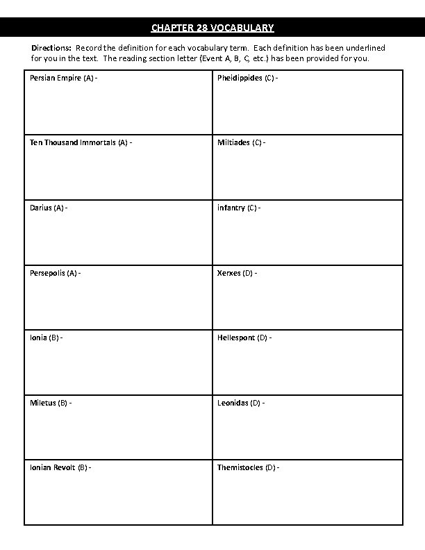 CHAPTER 28 VOCABULARY Directions: Record the definition for each vocabulary term. Each definition has