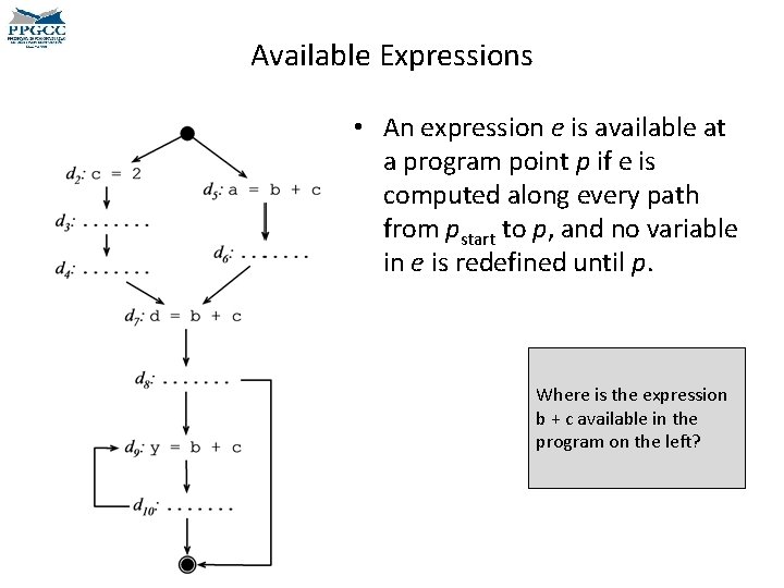 Available Expressions • An expression e is available at a program point p if