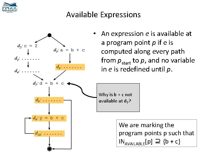 Available Expressions • An expression e is available at a program point p if