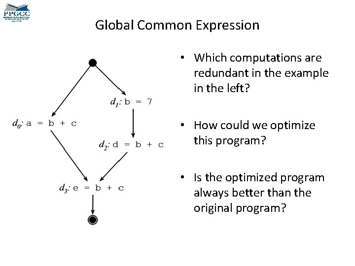 Global Common Expression • Which computations are redundant in the example in the left?