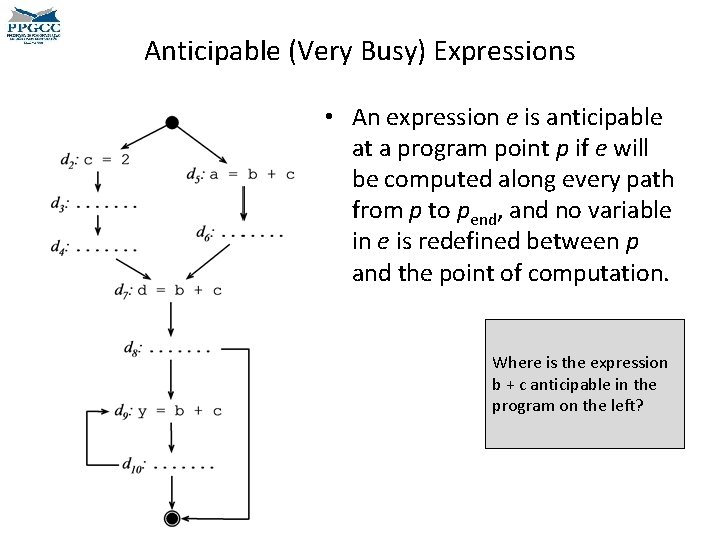 Anticipable (Very Busy) Expressions • An expression e is anticipable at a program point