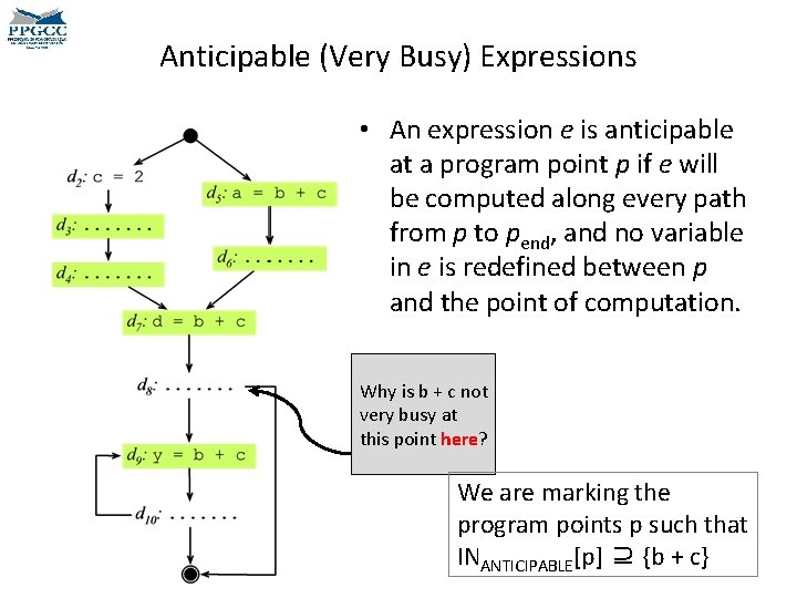 Anticipable (Very Busy) Expressions • An expression e is anticipable at a program point