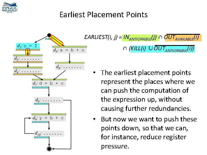 Earliest Placement Points EARLIEST(i, j) = INANTICIPABLE(j) ∩ OUTAVAILABLE(i) ∩ (KILL(i) ∪OUTANTICIPABLE(i)) • The