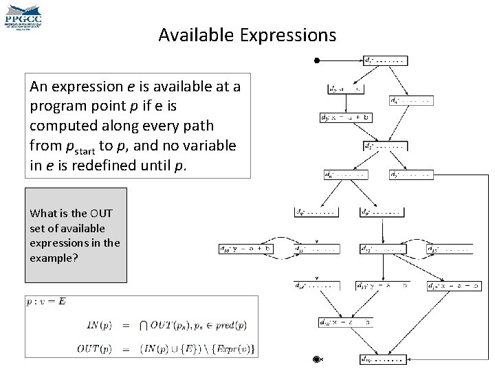 Available Expressions An expression e is available at a program point p if e