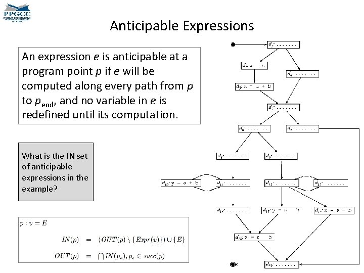 Anticipable Expressions An expression e is anticipable at a program point p if e