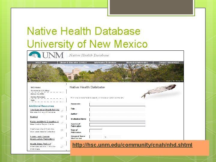 Native Health Database University of New Mexico http: //hsc. unm. edu/community/cnah/nhd. shtml 