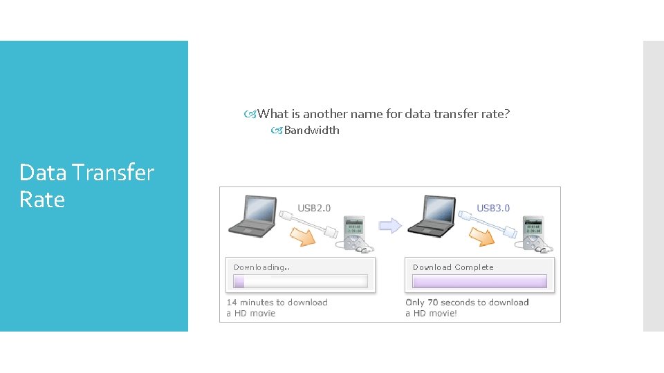  What is another name for data transfer rate? Bandwidth Data Transfer Rate 