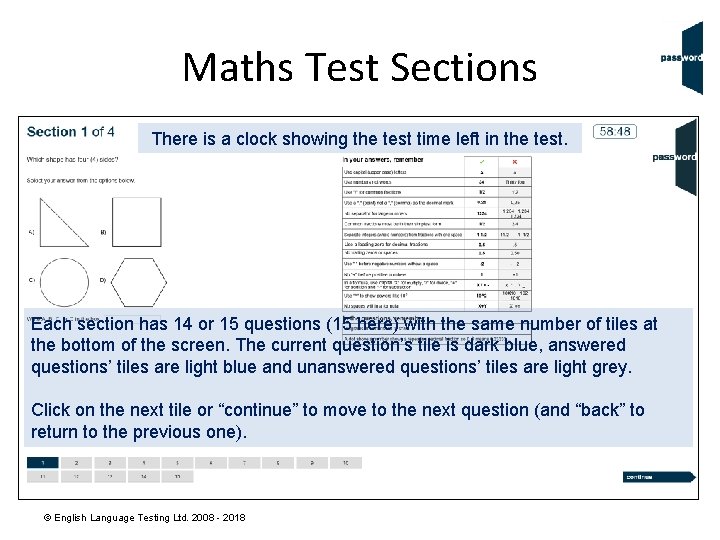 Maths Test Sections There is a clock showing the test time left in the